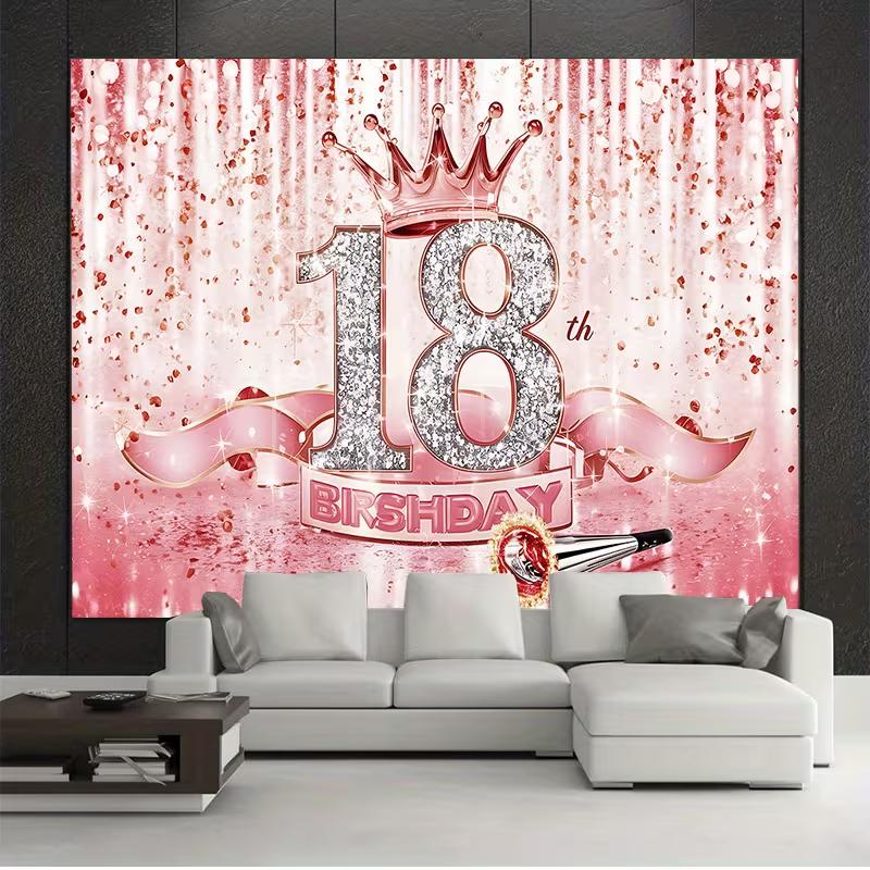 2D Pink Rose Gold 18th Birthday Backdrop Glitter Crown Photo Booth Banner