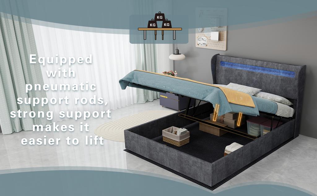 Modern Minimalist Upholstered Bed with LED-Integrated Headboard, 140*200 Cm, Grey, Storage Base with Gas Lift Mechanism,Included 140*200mattress