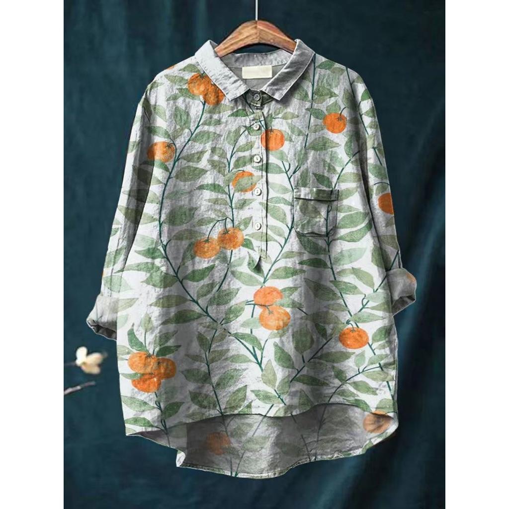Ladies' Casual Loose Fit Floral Printed Button Up Shirt -Fish School Pattern