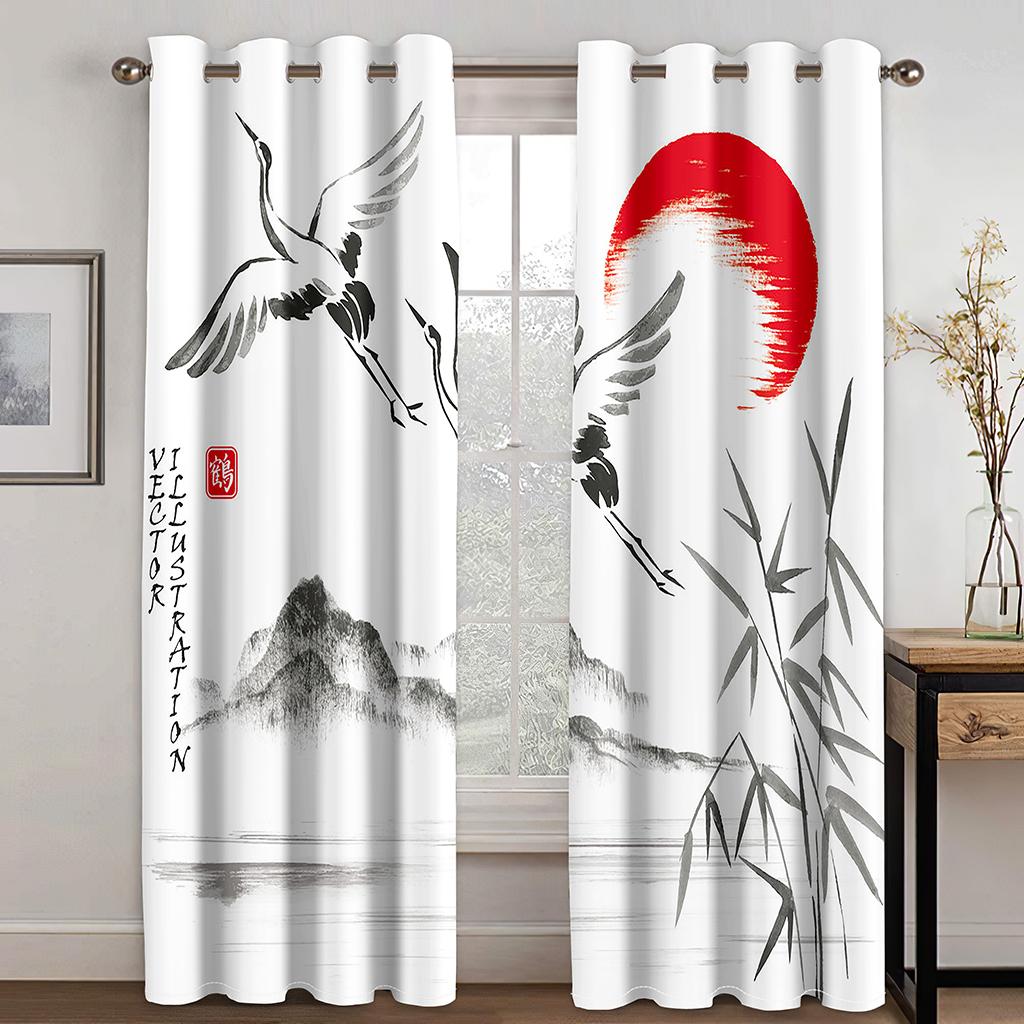 2pcs Japaness Flower Sun Bushido Landscape Kid Curtains Window Treatment for Bedroom Office Kitchen Living Room Study Home Decor