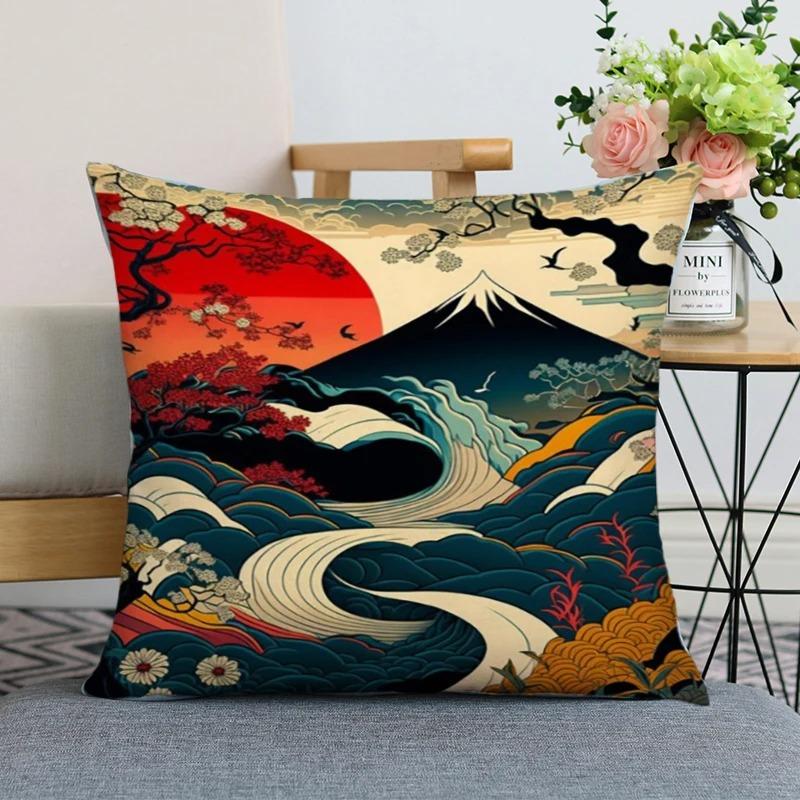 Home Decor Japanese Style Fujiyama And Wave Pillow Covers Pattern Cushion Cover Suitable For Sofa Bedroom Car Pillow Cover