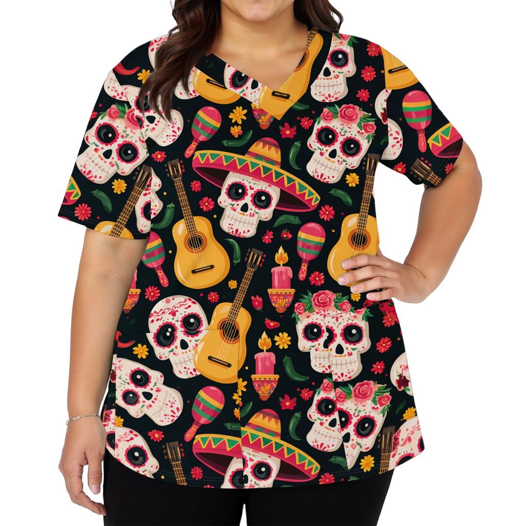 Women's V-Neck Short Sleeve Work Top with Pockets Print Caregiver Uniform Shirt