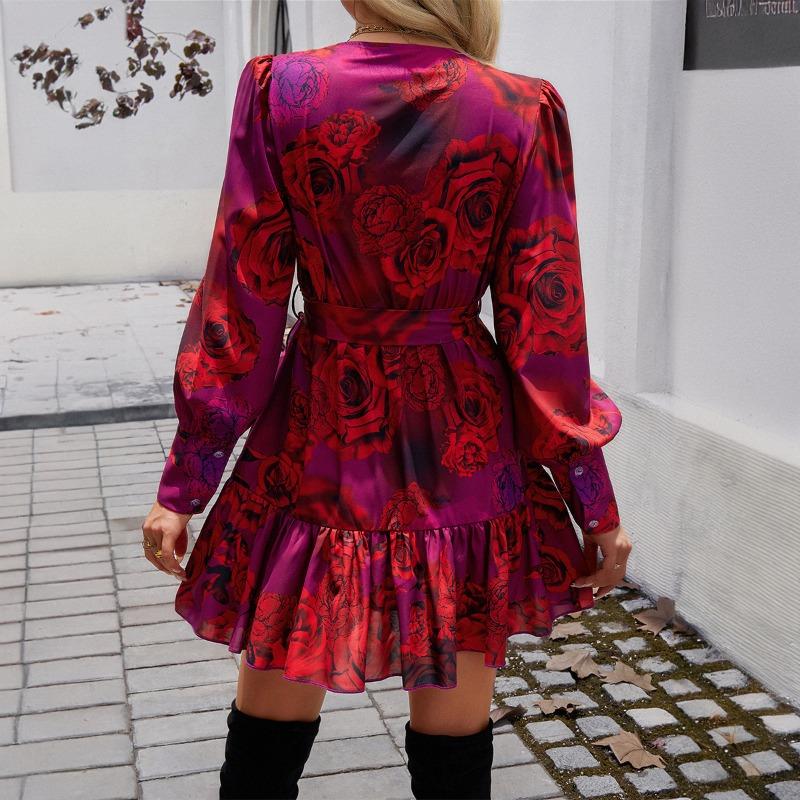 Podzimní/Zimní Dámské Šaty Elegantní V-výstřih Potisk Áčkový Střih