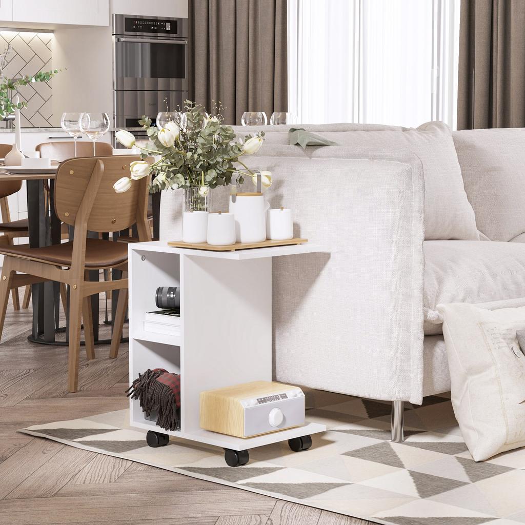 Side Table With Wheels C Shaped Sofa Table With Open Shelves For Living Room 45x35x58 Cm White
