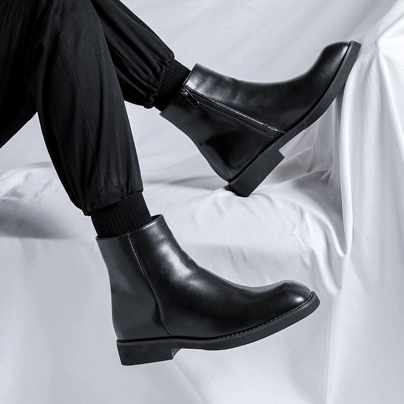 England Style Mens Chelsea Boots Fashion Square Toe Shoes Stage Nightclub Dress Cowboy Genuine Leather Boot Black Short Botas