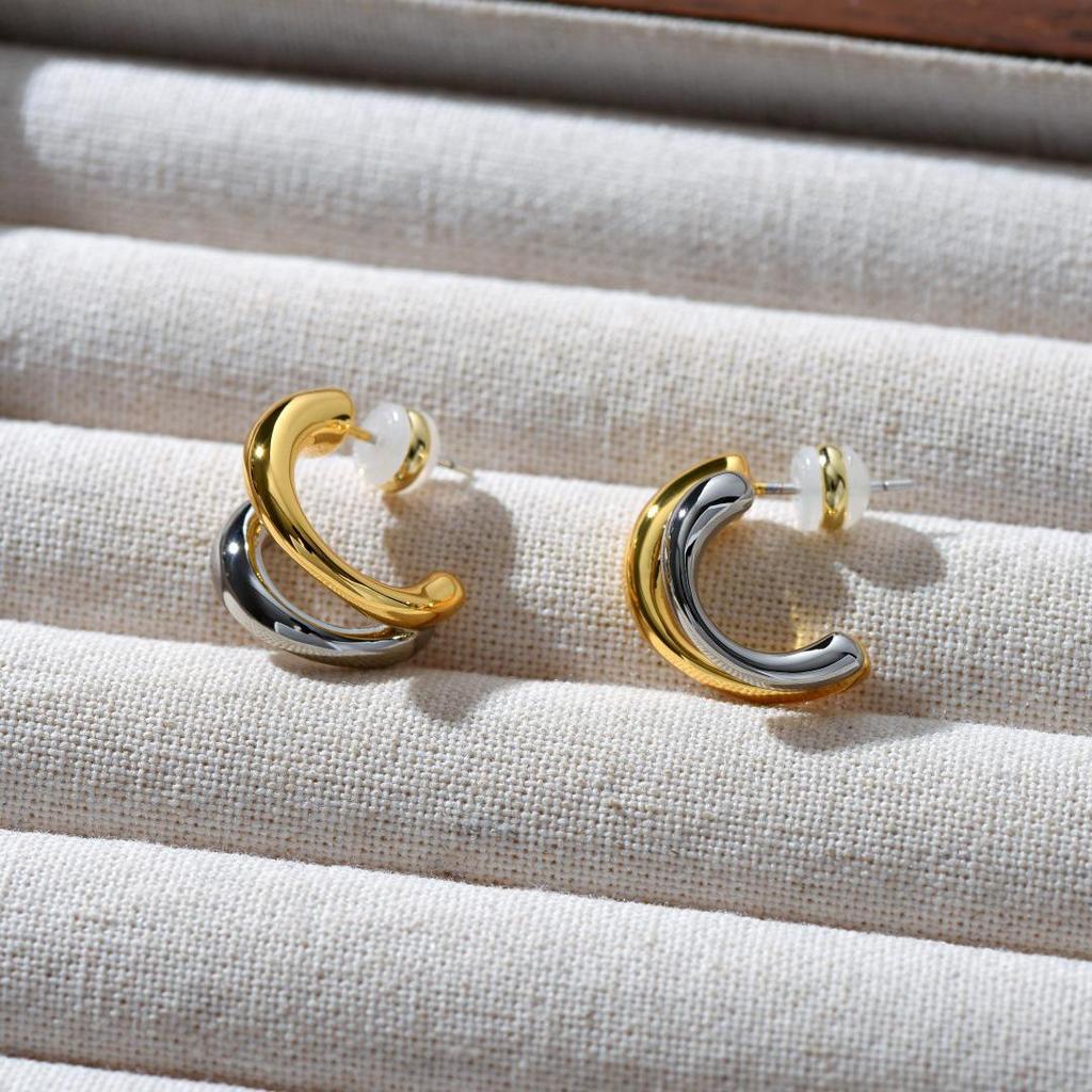 European Fashion Copper-Plated 18k Gold C-shaped Double Layer Earrings with S925 Silver Needle