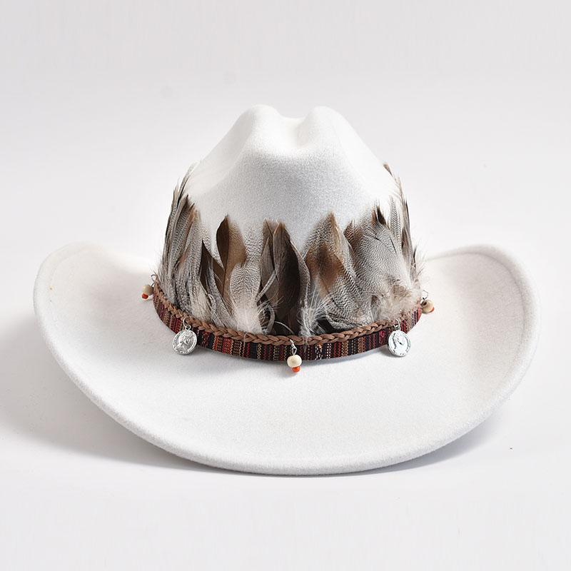 New Vintage Feather Decoration Western Cowboy Hats for Men Women Fashion Wide Brim Church Jazz Hat Sombrero Hombre Caps