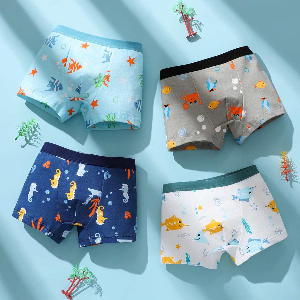Four-Pack Boys' Pure Cotton Boxer Briefs: Small, Medium, Large Cartoon Underwear