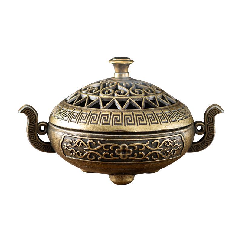 Nepal Antique Double-Ear Aromatherapy Furnace: Creative Hollow Tripod Incense Burner for Tea Ceremony or Desktop Ornament.