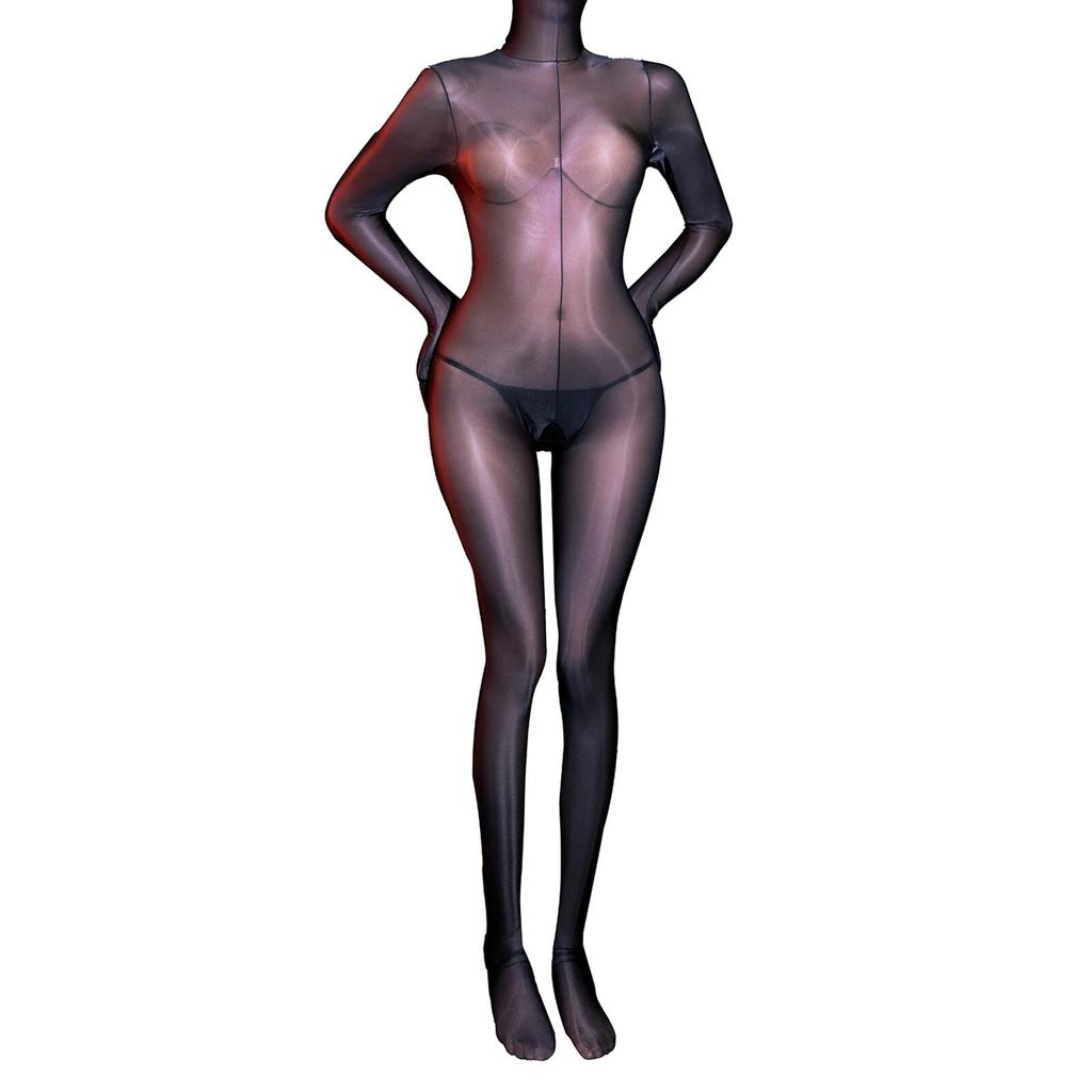Womens Glossy Sheer Bodystocking Bodysuit Fully Head Hands Covering Crotchless See-Through Tempting Teddies Lingerie Nightwear