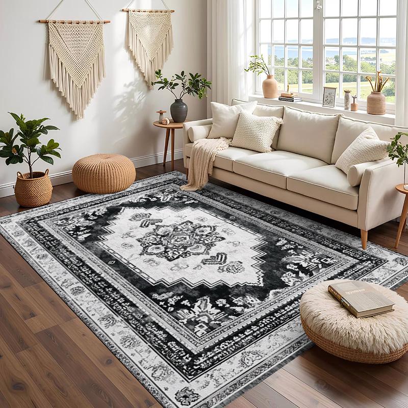 RAKKS Black Grey Mandala Velvet Large Area Rugs,Stain Resistant Anti Slip Backing for Living Room,Bedroom,Vintage Home Decor