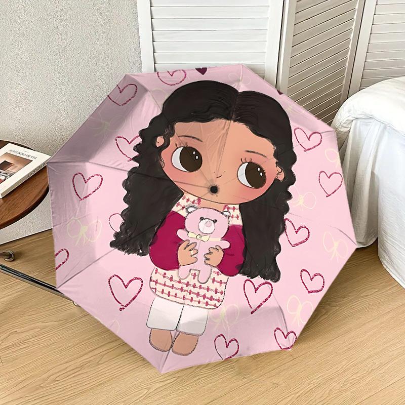 Chibi Girl with Teddy Bear Heart Print Umbrella: Automatic Opening & Closing, Outdoor Protection, Lightweight and Durable Travel Accessory 191