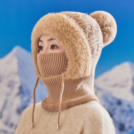 Knitting Hat Women Windproof Insulated Design Winter Hat with Plush Ball 3-in-1 Thickened Hat Face Guard Scarf