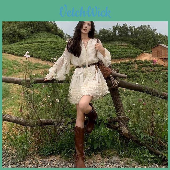 Spring Knit Long Sleeve Lantern Sleeve Short Dress With V Neck For Casual And Travel