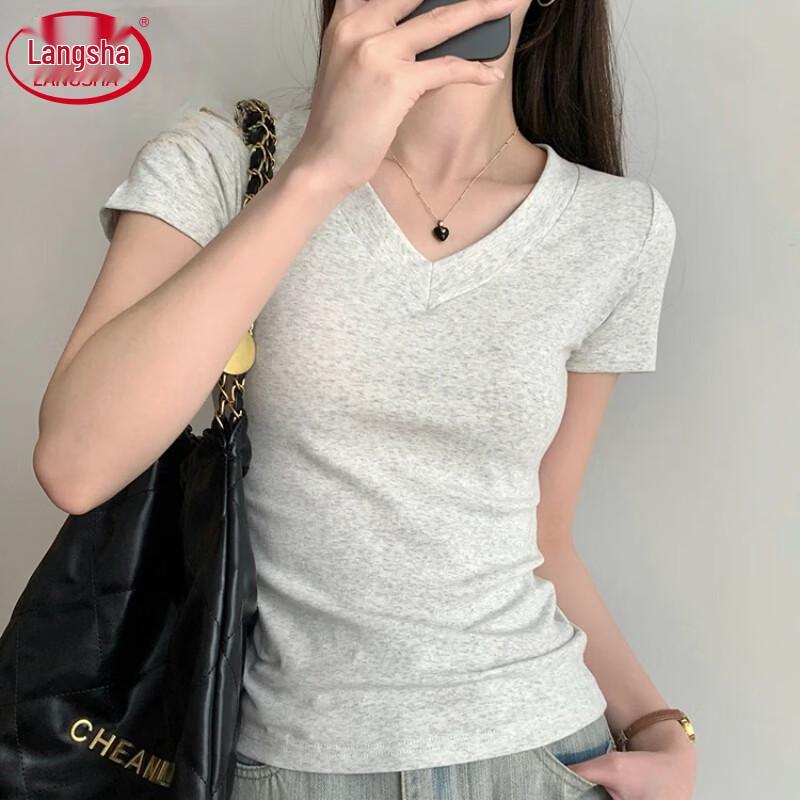 Langsheng Women's Slim Fit V-Neck Short Sleeve T-Shirt
