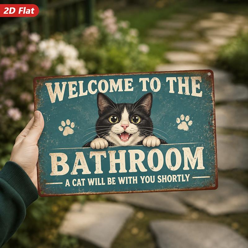 2D Flat, 1pc Funny Cat Metal Sign Wall Art, Welcome to The Bathroom, Tuxedo Cat, Cute Paws, Vintage Teal, Humorous Pet Art, Home Decor, Ideal for Rest