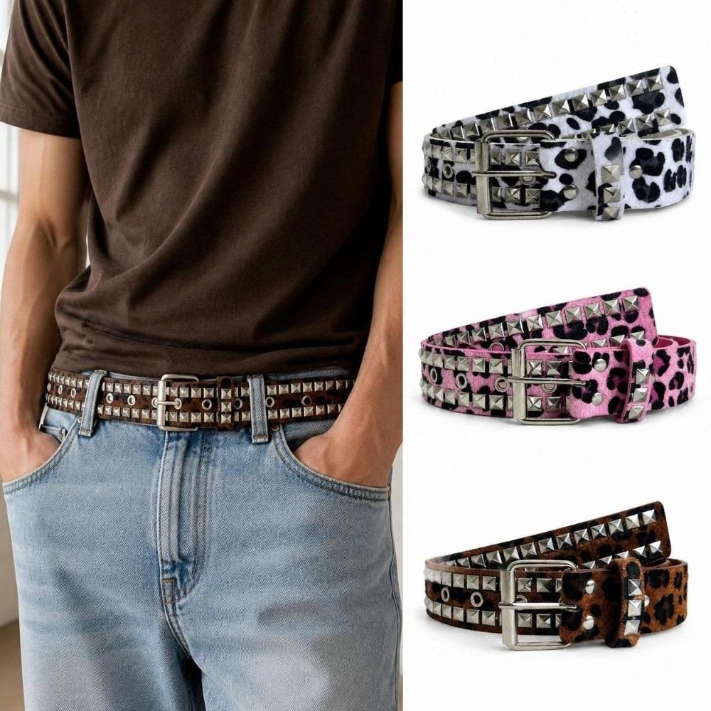 Adjustable Studded Punk Belt Pin Buckle PU Leather Belt Bohemian Leopard Print Belt For Women Men