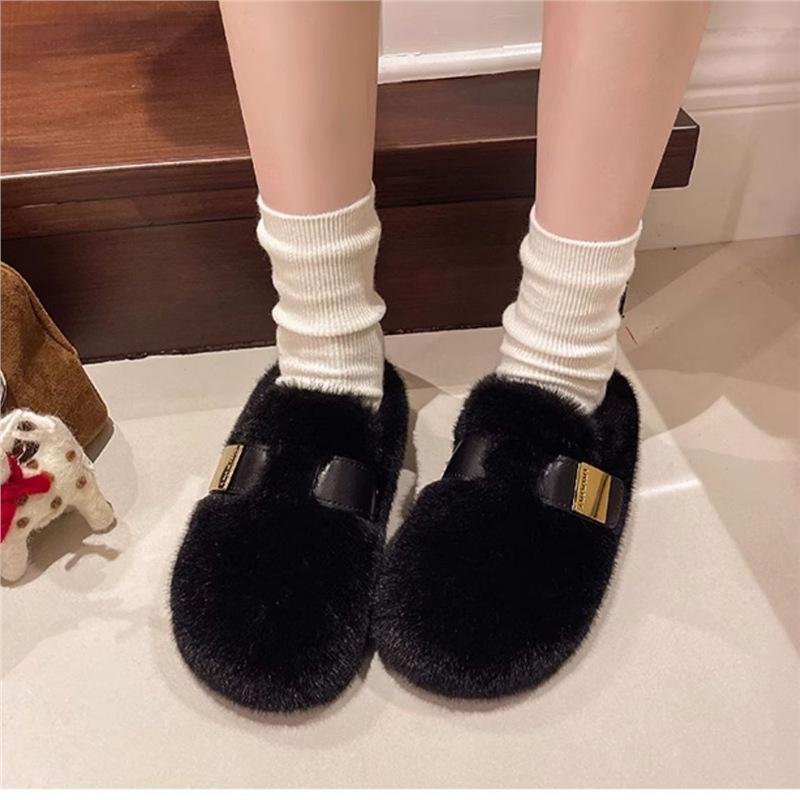 Birkenstock Shoes With Fleece For Women 2024 Autumn And Winter New Style Furry Slippers Slip-On Fashionable Warm Versatile Flat Half Slippers