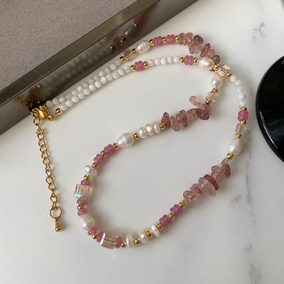 Perlový náhrdelník Xia sladkovodní doplňky přírodní růžový řetízek na krk s dopaminovým růžovým krystalem pro ženy