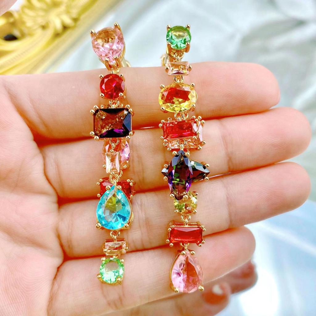 Women's Square Crystal Rainbow Jewelry Set: Bracelet, Necklace & 18K Gold Plated Earrings