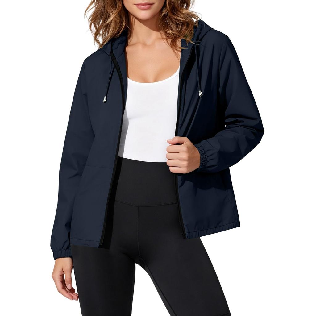 Wasserdichte Winddichte Kapuzenjacke für Damen, Leichter Reißverschluss-Regenmantel für Draußen mit Verstellbarem Kordelzug und Taschen für Reisen und Wandern