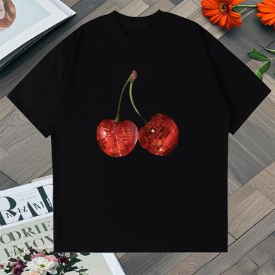 Hot Trend Cherry Fun Printed Short Sleeved Classic Tshirt Casual Oversized Unisex Women ONeck 100 Cotton Top Unisex Tee Shirts