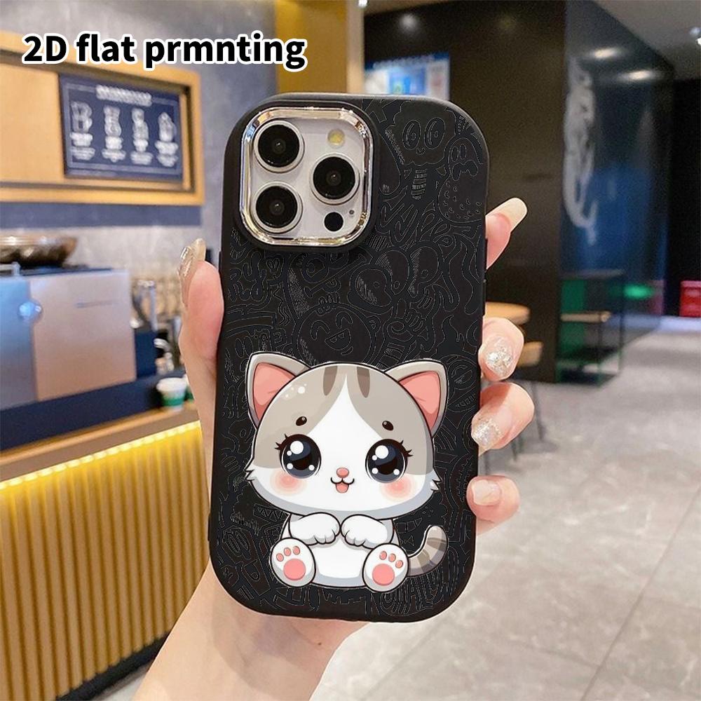 Phone Case: 2D Flat Design Suitable for iPhone 18 17 16 15 14 13 Pro Protective Case, Couple Style, Gray and White Kitten, Christmas and Halloween Gif