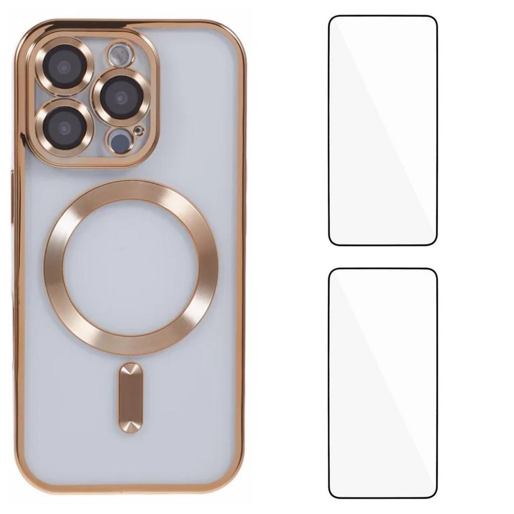 For iPhone 16 Pro Magnetic Case WANLONFENG Electroplated TPU Cover with Lens Film+2Pcs Tempered Glass