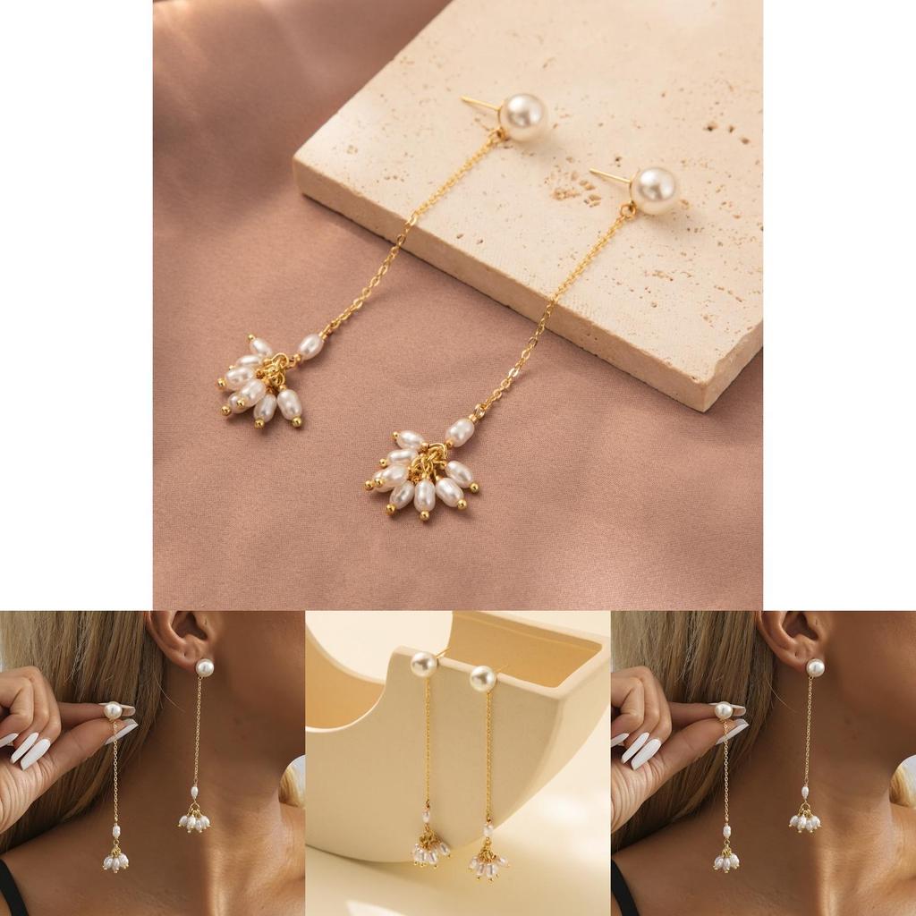 Modern Geometric Pearl Earrings Gold Tassel Chain Long Dangle Earrings For Women
