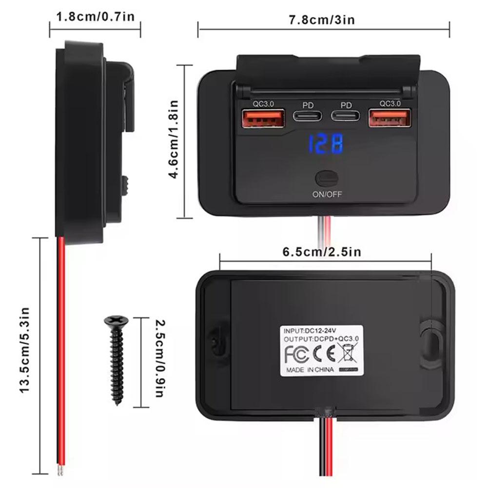12-24V 4-Ports Car USB Charger Socket Adapter 108W USB C Outlet Panel Wall Mount with LED Voltmeter for Bus RV Boat Car Truck