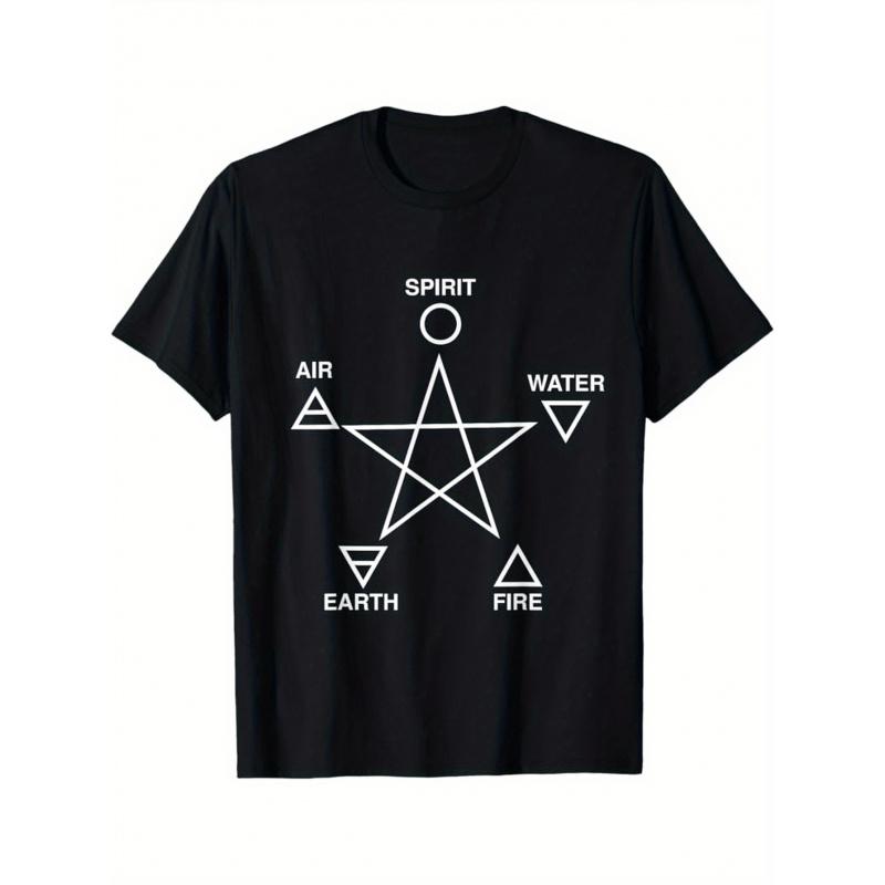 Schwarzes Wicca-T-Shirt für Herren mit weißem Pentagramm & Elementarsymbolen (Luft, Feuer, Wasser, Erde, Geist) - 4-zackiger Stern & Pentagramm Design, Atmungsaktiv