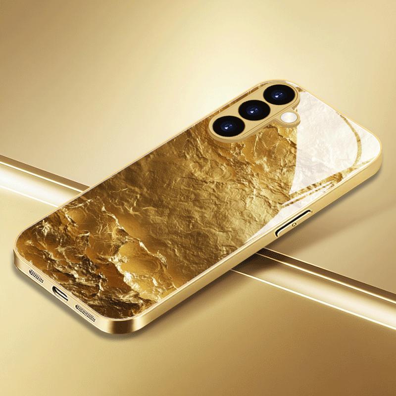 Gold-plated tempered glass phone case, compatible Galaxy S26, S25, S24, S23, and S22 Ultra Plus. Gold textured pattern.