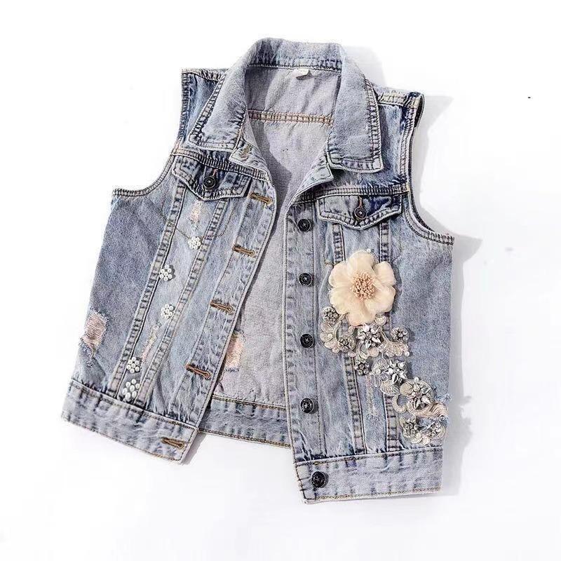 Diamond Studded Flower Denim Vest Short Sleeveless Vest Women's Loose Short Jacket Heavy Industry Technology Top New Fashion Autumn