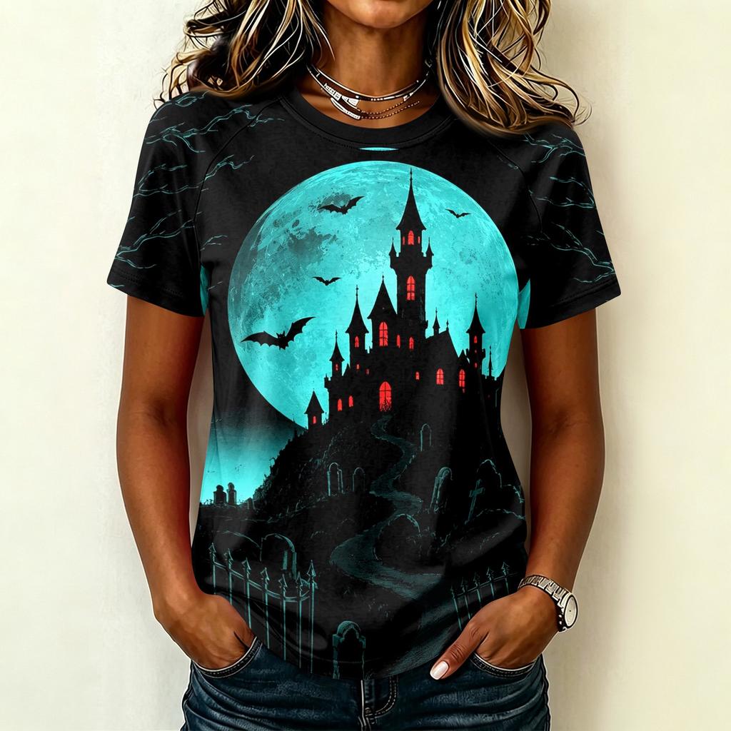 Womens Raglan Sleeve Casual T Shirt Halloween Print Short Sleeve Top Crew Neck Comfortable Fit Lightweight Fabric