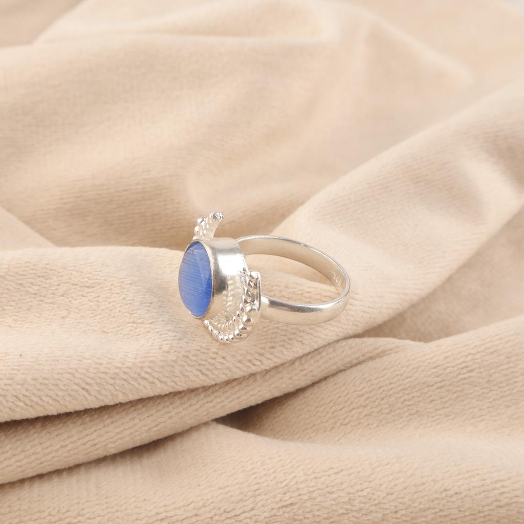 Natural Dark Blue Cat's Eye Gemstone 925 Sterling Silver Handmade Jewelry Ring RR-48-41