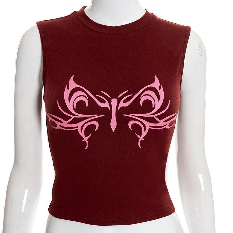 

Весна и лето Европейский и Американский повседневный женский безрукавный топ с принтом Готический жилет Y2K L бордовый