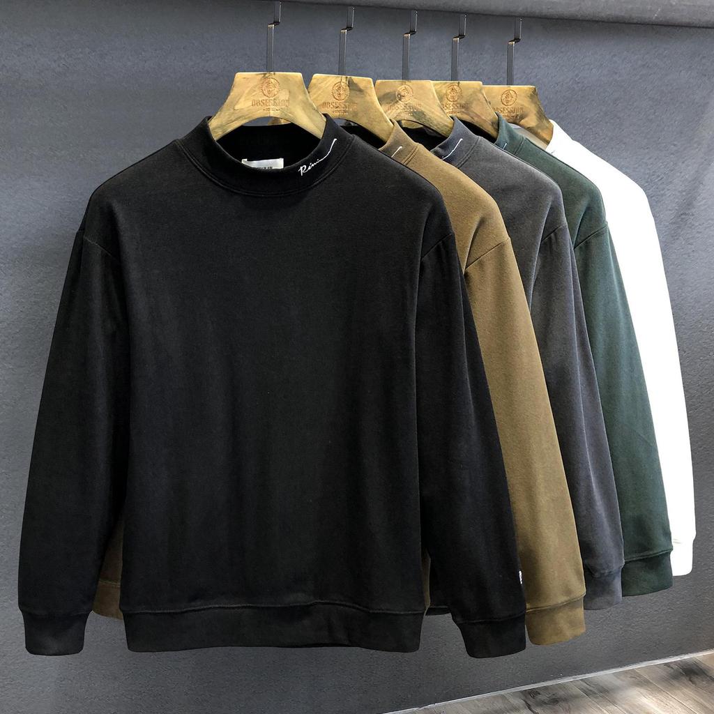 Herren doppelseitiges Samt-Sweatshirt, halboher Kragen, warm, einfarbig, langärmlig, hohe Qualität, für Herbst und Winter