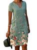 Floral Print Cotton Linen V-Neck Midi Dress, Short-Sleeved, 2023 Trend