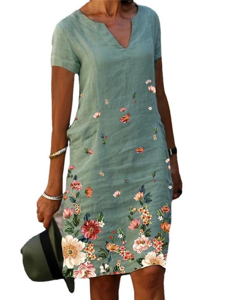 Floral Print Cotton Linen V-Neck Midi Dress, Short-Sleeved, 2023 Trend
