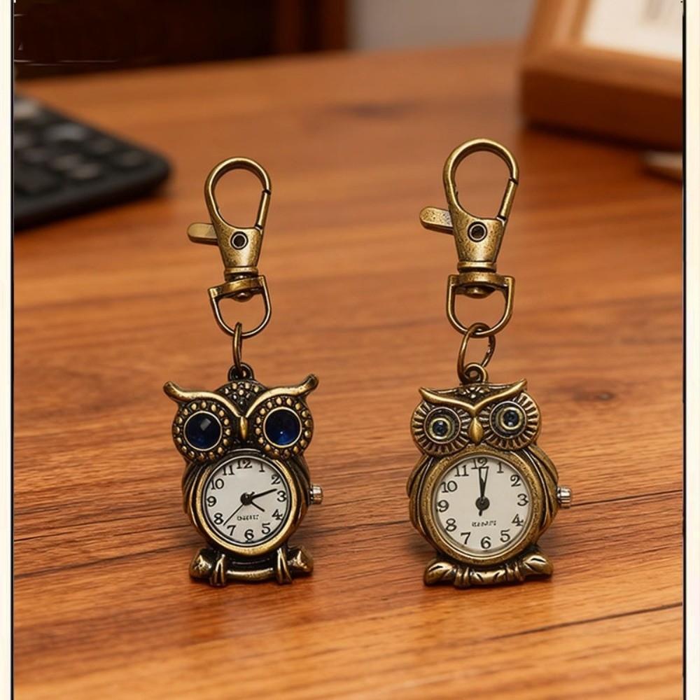 Alloy Clock Keychain Owl Shape Mini Hanging Watch Vintage Pocket Watch