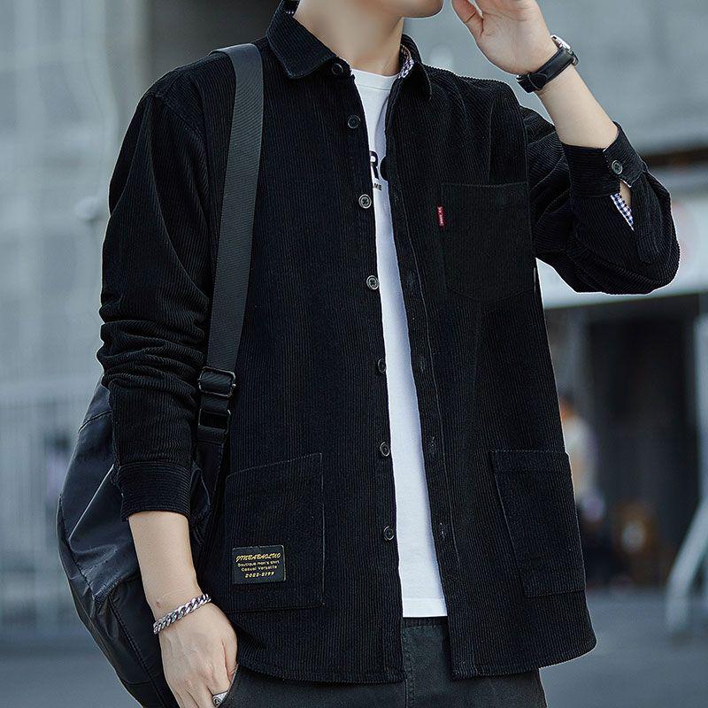 Men's Fleece-Lined Corduroy Shirt Jacket with Pockets - Long Sleeve, Thick, Loose Fit for Autumn/Winter.