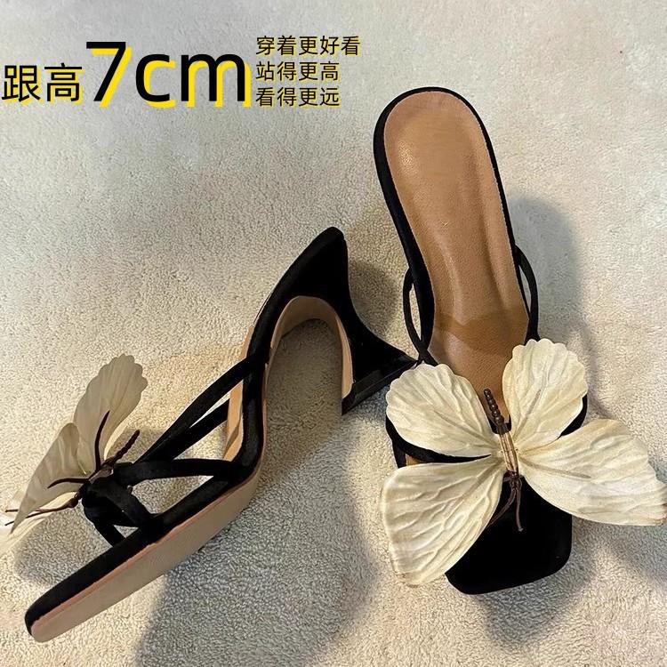 Spot Thailand niche butterfly one-word high heels new fairy temperament summer wear thin heels cool slippers woman