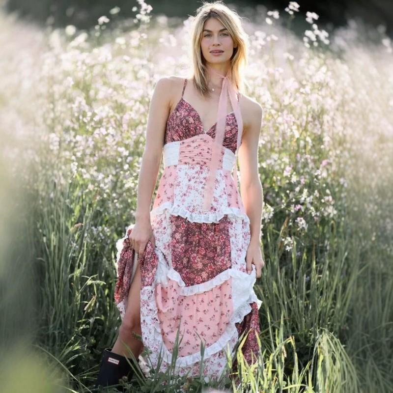 Womens Sleeveless V-Neck Digital Print High-Waist Maxi Dress Streetwear Style Pink Small розовый