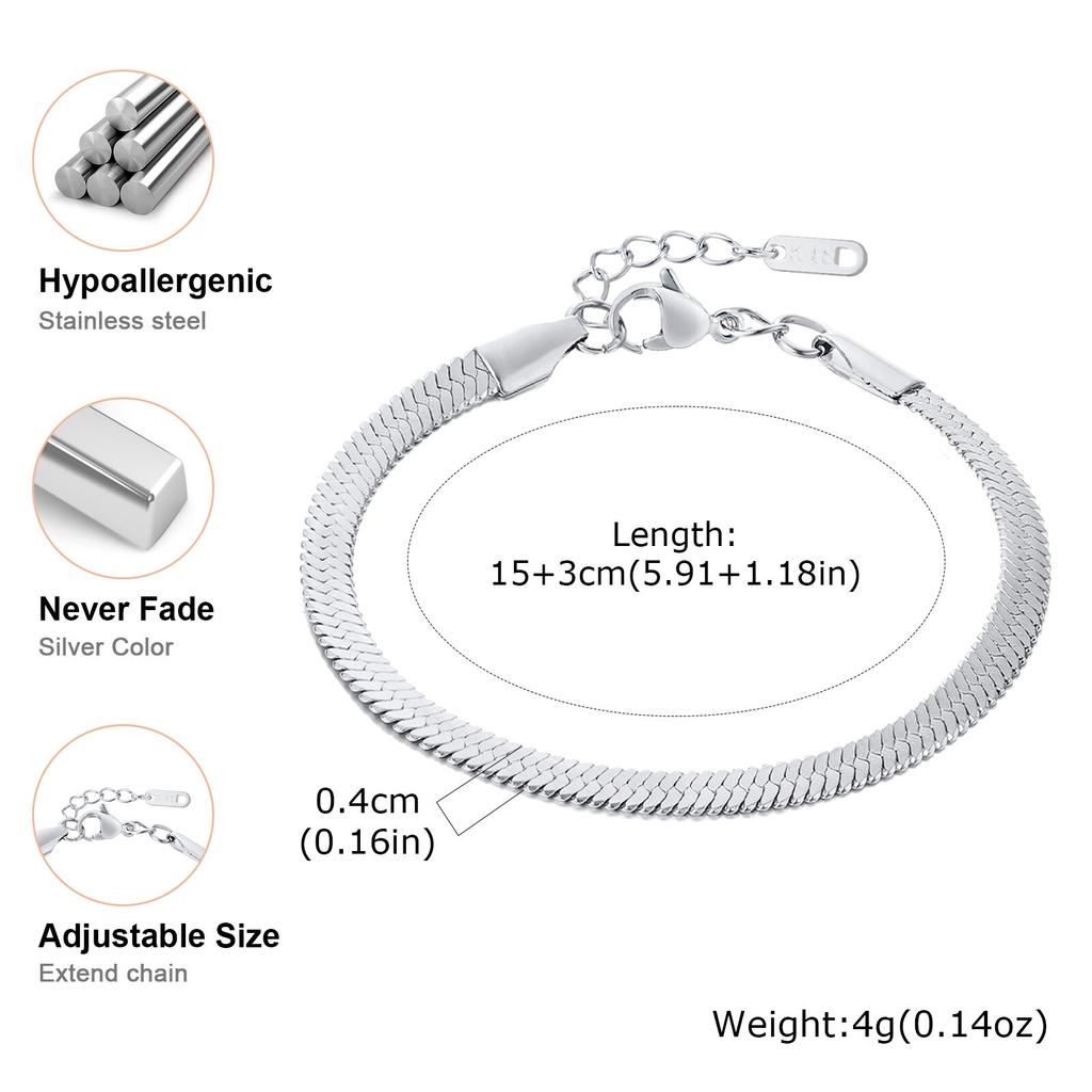 Anlaufgeschütztes Edelstahl Silberfarben Fischgräten Flaches Schlangenketten Armband für Damen Minimalistischer Schmuck