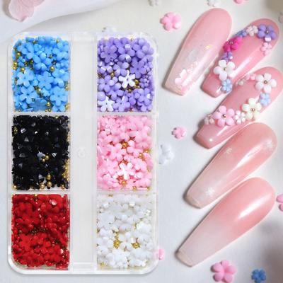 1 Box 3D Flower Nail Art Charm 6 Grids Resin Floral Charms Golden Beads DIY Nail Design Jewelry Crafts Manicure Decoration Accessories