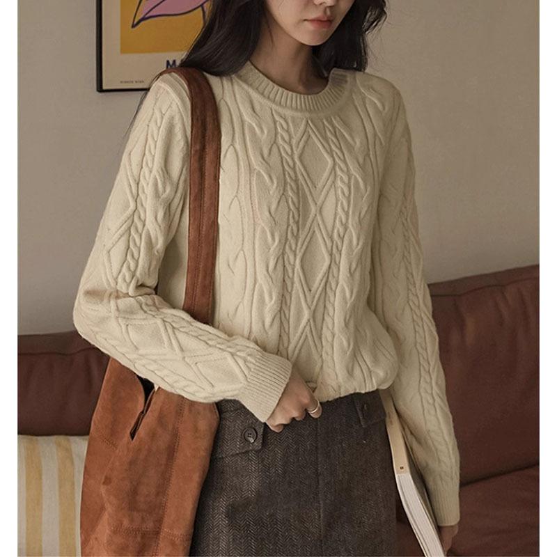 

Женский свитер с ретро-косами, с круглым вырезом, новый осенне-зимний, свободный пуловер с косами в ленивом стиле, базовый вязаный свитер one size fits all абрикосовый