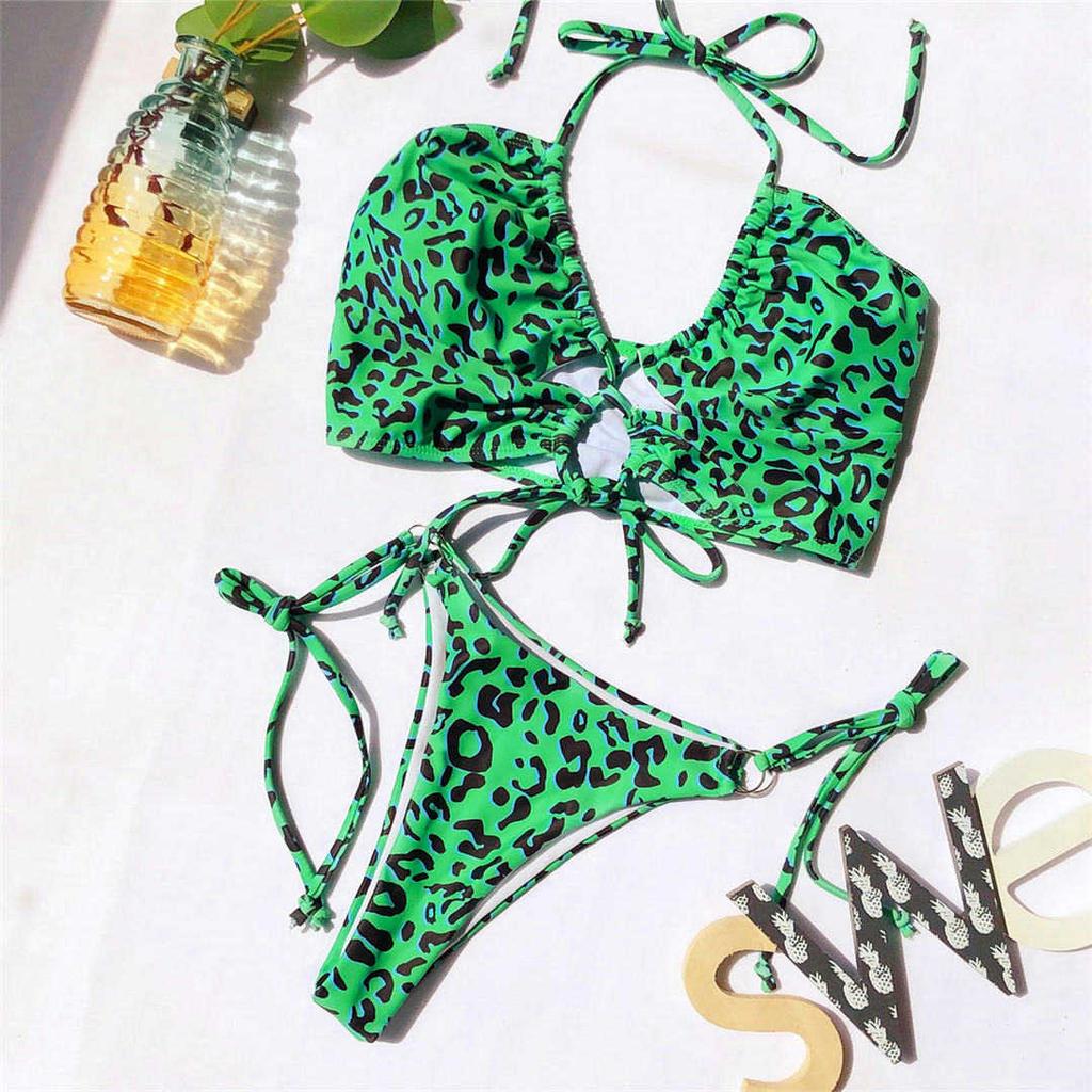 Sexy High Cut Thong Leopard Bikini Women Swimwear Female Swimsuit Bikini Set Lace Up Bather Bathing Suit