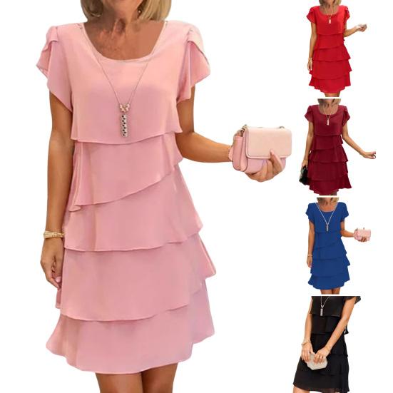 Women Chiffon Dress with Ruched Edge Round Neck Short Sleeves Multi-Layer Design Summer Midi
