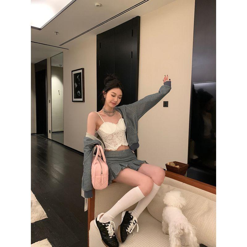 

District Ouyang Niche Loose Retro Hooded Sweatshirt Denim Blue Suit Skirt(In stock) L