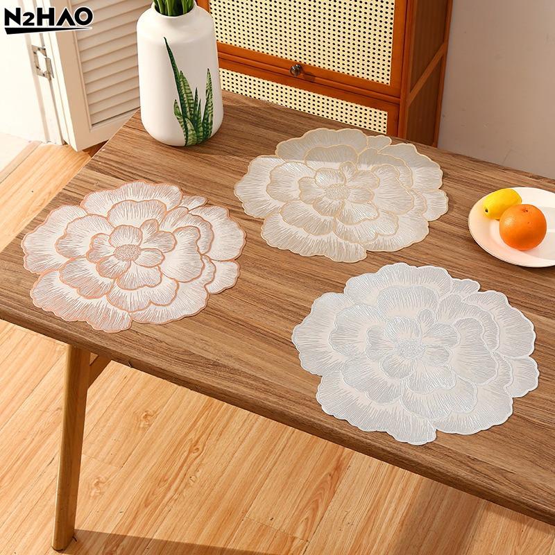 1PCS PVC Creative Rose Placemat Nordic Style Table Decoration Mat Gold-plated Home Coaster PVC Non-slip Waterproof Placemat